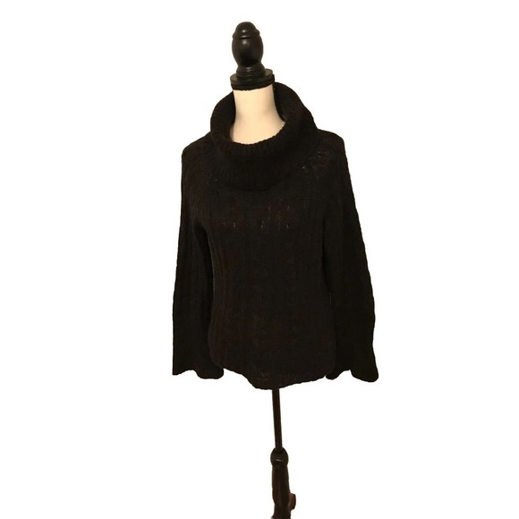 Garnet Hill Black Turtleneck Cable Knit Kid Mohair Wool Sweater - Size Medium - Picture 2 of 9